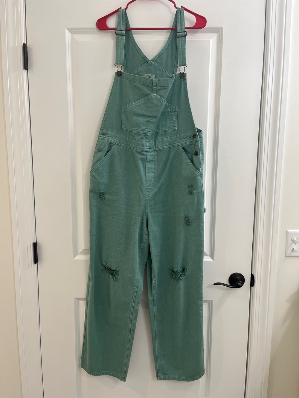 easel Mint Green Distressed Denim Overalls